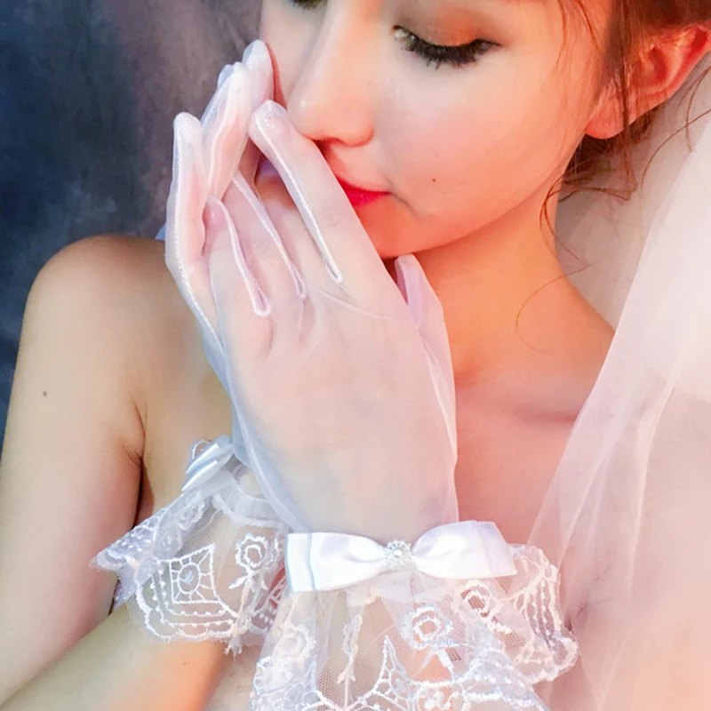 Fashion Bride Wedding Lace Bow Solid Color Full Finger Gloves Wrist Length Female Prom Dress European and American Accessories | Свадьбы и