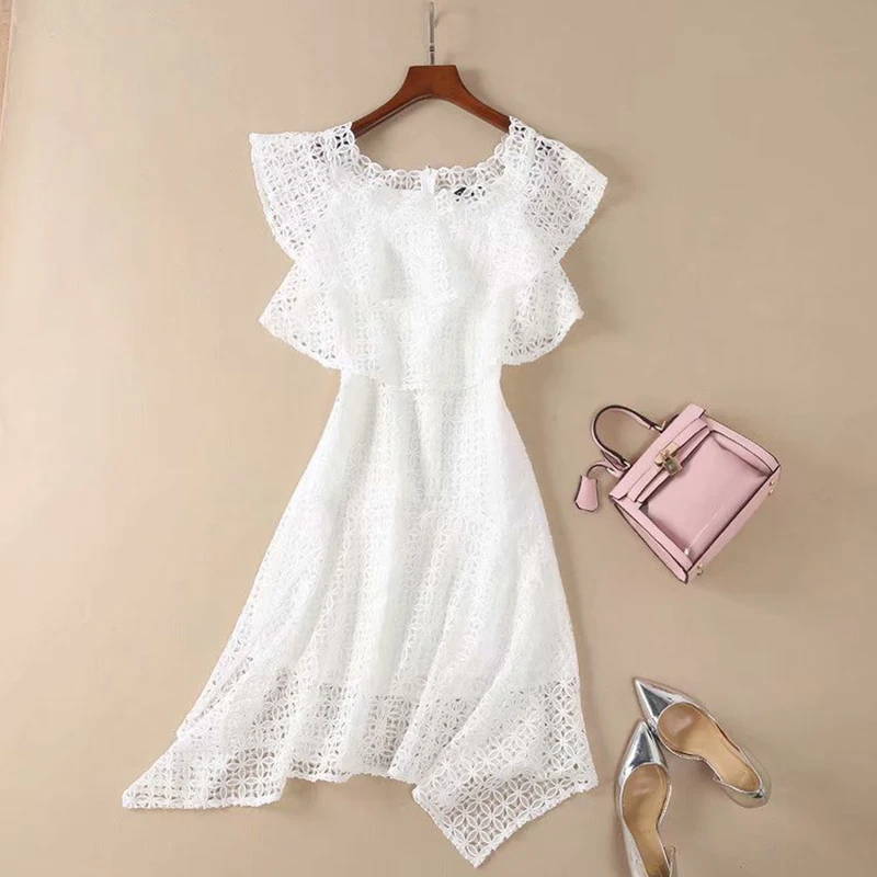 

HIGH QUALITY New Fashion 2019 Summer Designer Runway Women's Sweet Butterfly Sleeve Slash Neck White Hollow Out Lace Mini Dress