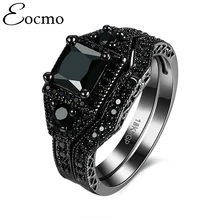 Oro negro Plateado Corte Princesa Anillo de Piedra Cuadrada Establece Lujo 2 Rondas Anillo Cóctel de Moda Marca Para Las Mujeres Bague