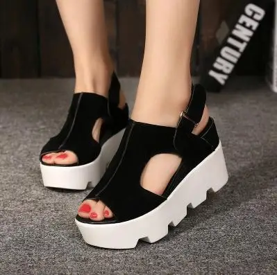 2015 nueva primavera verano mujeres sandalias peep toes de fondo grueso pendiente plataforma Velcro sandalias de