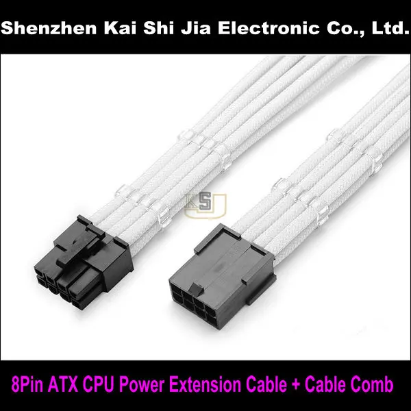 

12" Single Sleeved White CPU 8 Pin ATX Female to Male Power Extension Cable + 2PCS Cable Comb