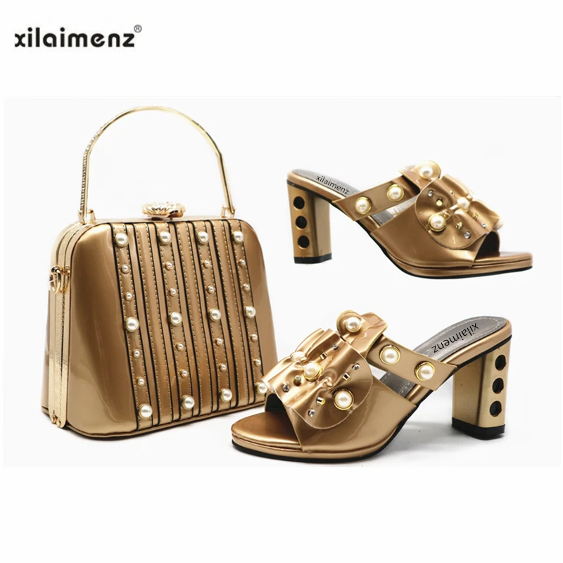 

2019 New Arrival Italian Shoes with Matching Bags For Wedding Party Spring Slipper Decorate with Pearl Nigerian Shoes and Bag