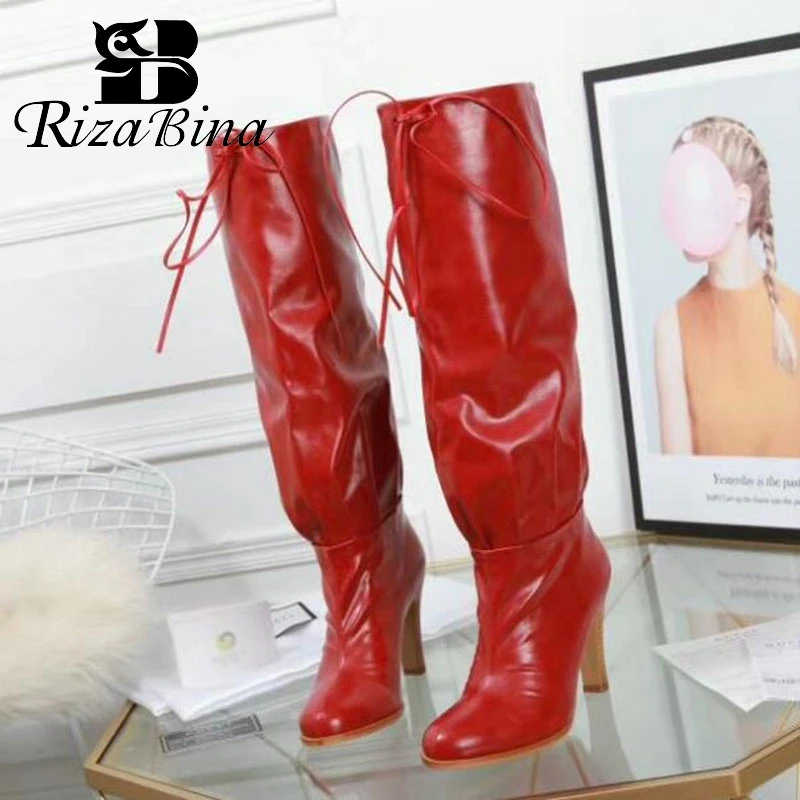 

RIZABINA Sexy Women Boots Lace Up Print Warm Shoes Women Knee High Boots High Quality Party High Heels Boots Size 34-48