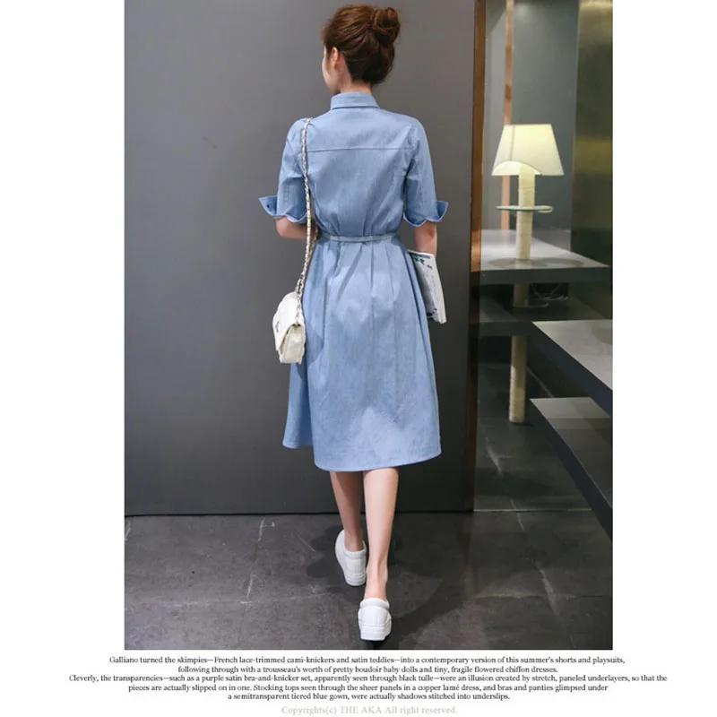  Women's clothing solid color half-sleeved belt slim denim shirt dress ladies fashion casual long section jeans dress (8)