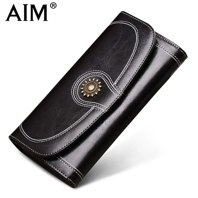 AIM Fashion Long Women's Wallet Brand Designer Vintage Leather Wallets