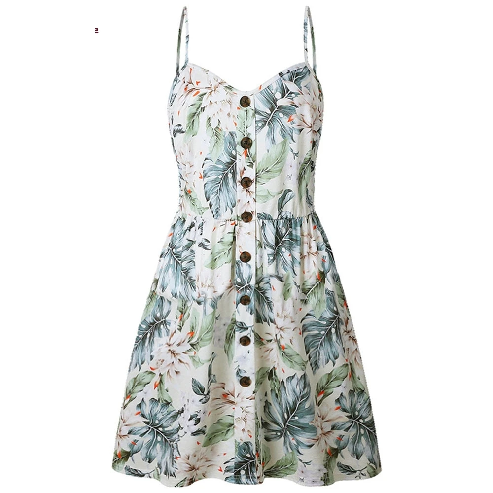 

Fashion Women Sling Sleeveless V-Neck Flower Print Button Party Princess Dress F12