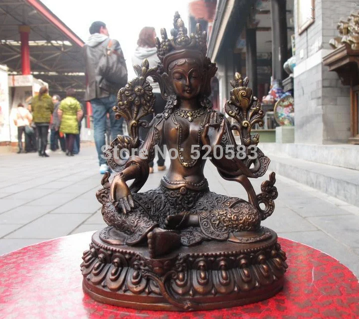 

Free Shipping Tibet Buddhism Red Bronze Carved Green Tara Kwan-yin Buddha technics statue