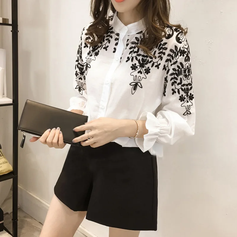 

Embroidered flower blouse flare sleeve stand shirts camisas femininas long sleeve korean cotton women's shirt clothing plus size