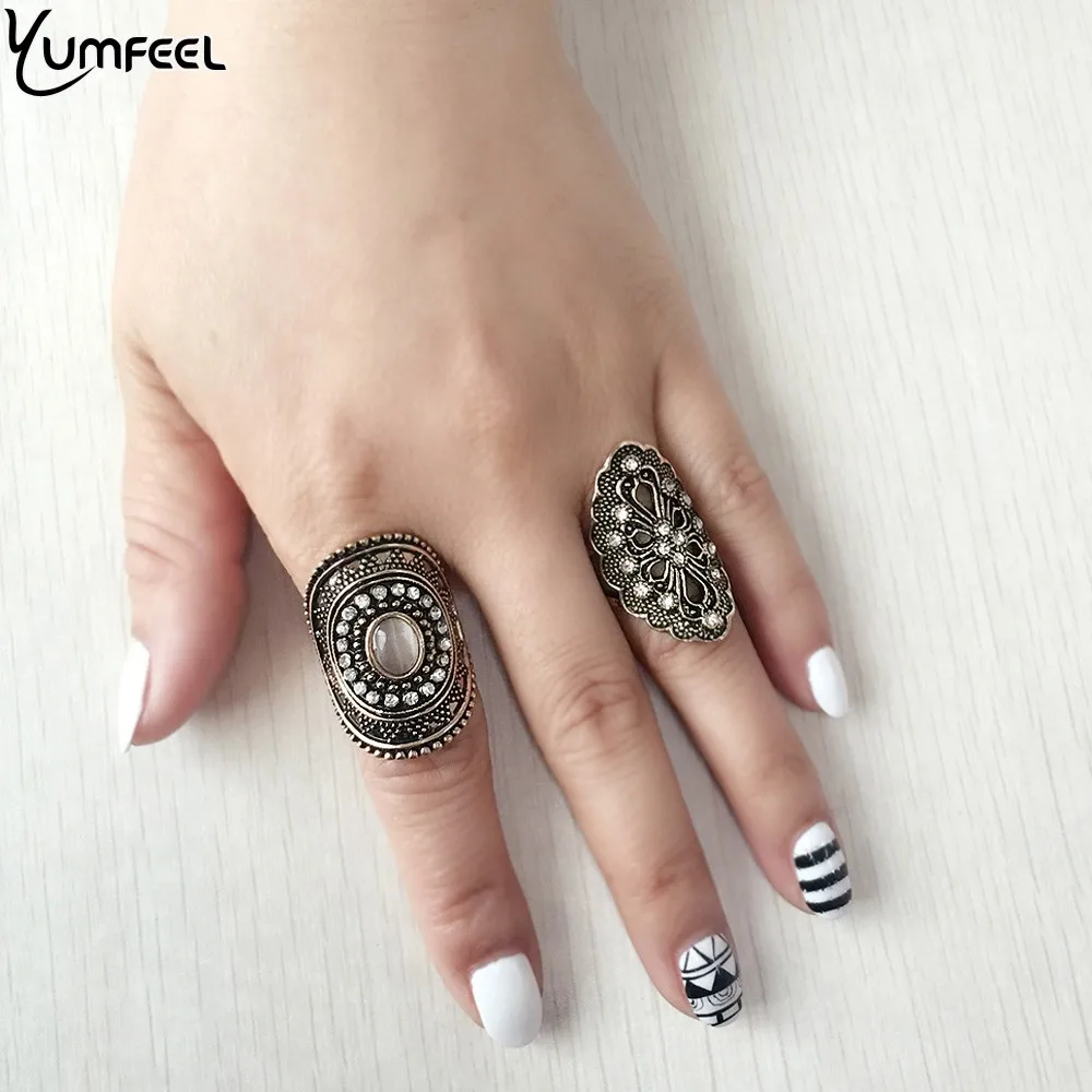 Yumfeel New Vintage Boho Jewelry Rings Metal with Antique Plated Crystal Ring Set for Women