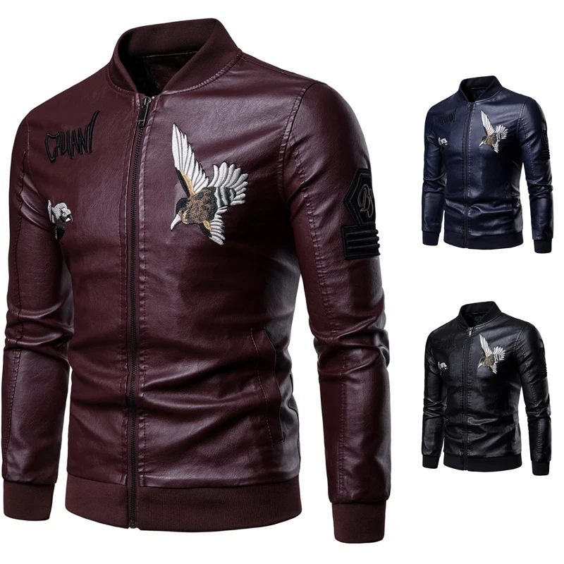 

Mens Brown Leather Jacket Embroidered Baseball Collar Casual Leather Clothing Male Personality Cloth Decorative Leather Clothing
