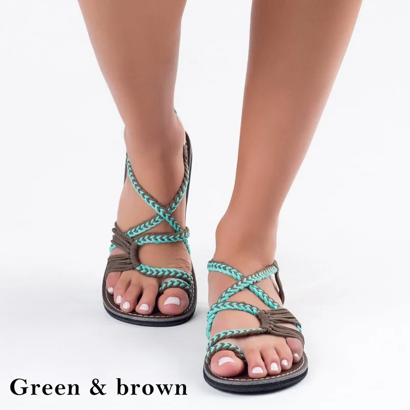 MoneRffi/женские летние сандалии на плоской подошве; тапочки тканевые сандалии с перекрестным носком; Повседневная обувь; сандалии-гладиаторы; сандалии с плетением - Цвет: Green Brown