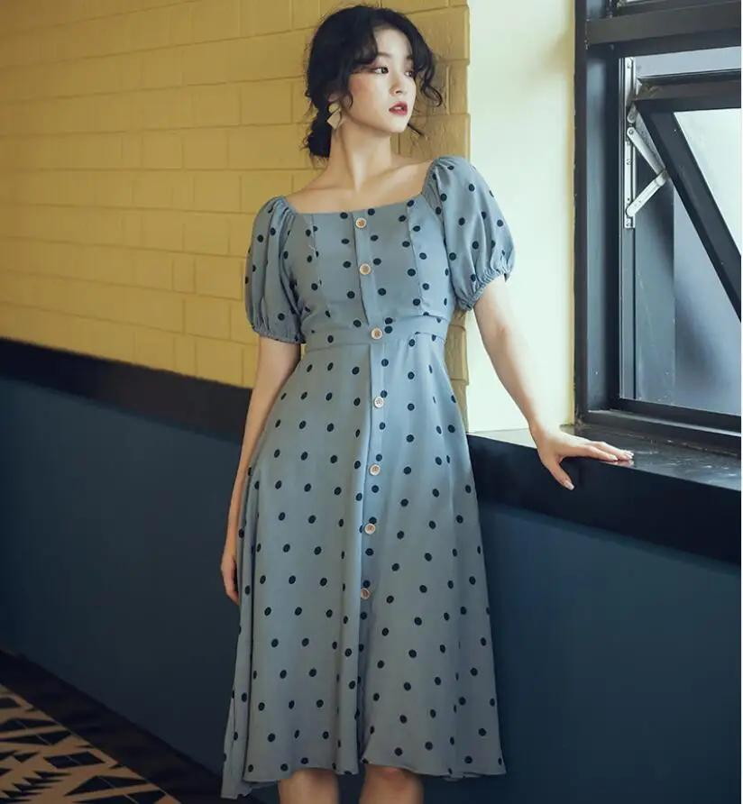 

2019 new fashion women's dresses Summer retro polka dot dress square neck high waist slim