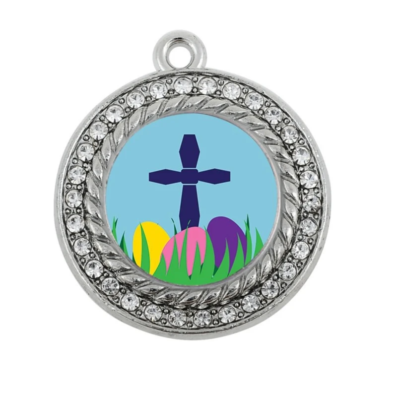 

EASTER CROSS & EGGS CIRCLE SQUARE CHARM antique silver plated jewelry