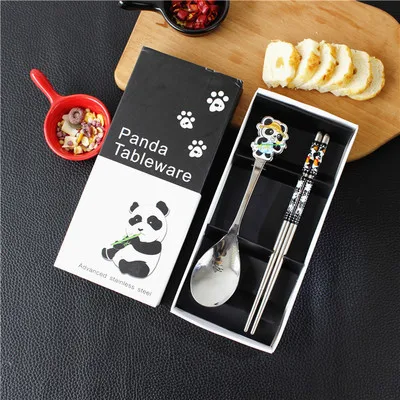 Милая панда, металлическая вилка из нержавеющей стали, ложка, палочки для еды, набор посуды, набор из двух частей, памятные маленькие подарки