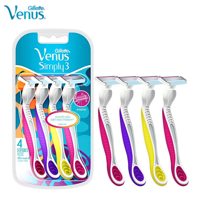 

Gillette Venus Disposable Straight Blade Simply 3 for Women Less Irritation 3 Layers Pivoting Blade Head Lubricant Bar