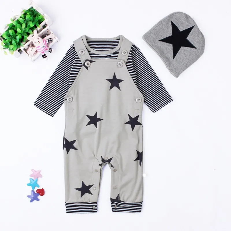 Комплект детской одежды для мальчиков новые Повседневное одежда для маленьких мальчиков хлопок звезды шляпа+ футболка+ комбинезоны 3 шт. для rempers