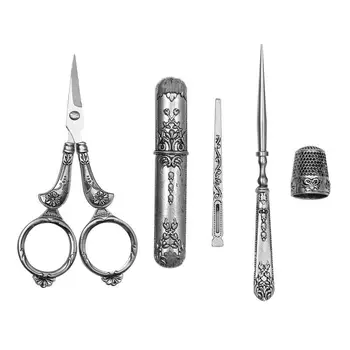 

NEW Vintage Silver Sewing Tool Set European Embroidery Scissor Thimble Alloy Awl Needle for DIY Embroidery Cross Stitch Craft