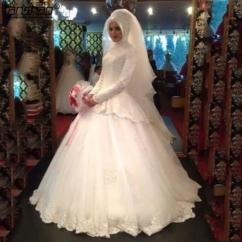 

White Ivory Muslim Wedding Dress Long Sleeves Vestido De Noiva Ball Gown Tulle Lace Boho Dubai Bridel Dress Arabic Wedding Gown