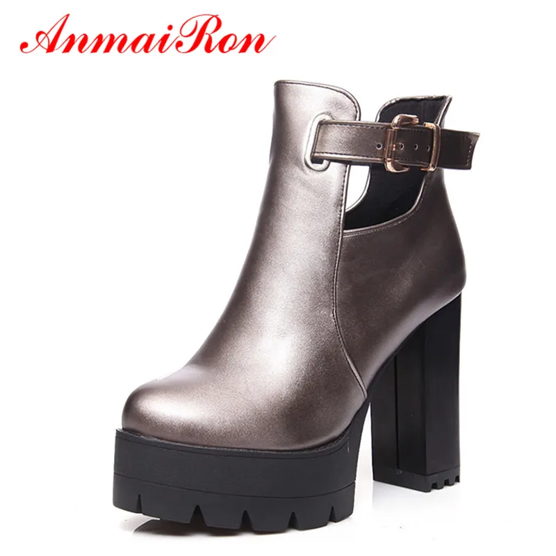 

ANMAIRON Fashion Spring/Autumn Martin Boots for Women Pumps Buckle Square Toe High Heels Women Fashion Shoes Large Size 34-43