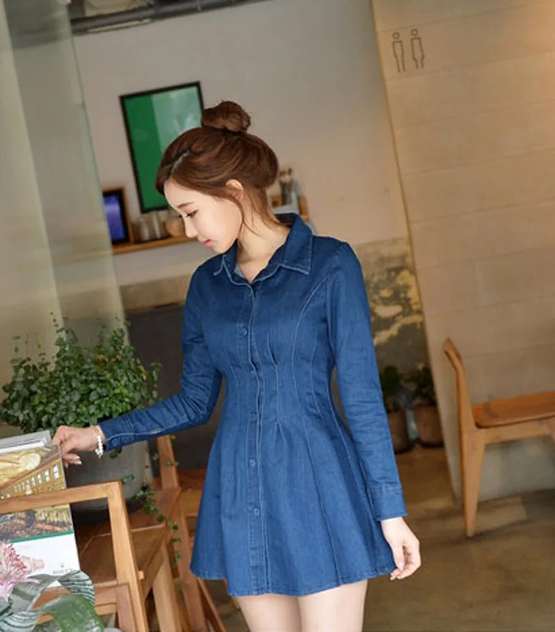 

2019 New Women's Jeans Dress Denim Dresses Long Sleeve Elastic Waist Denim Slim Waist Vestidos Casual Summer Style