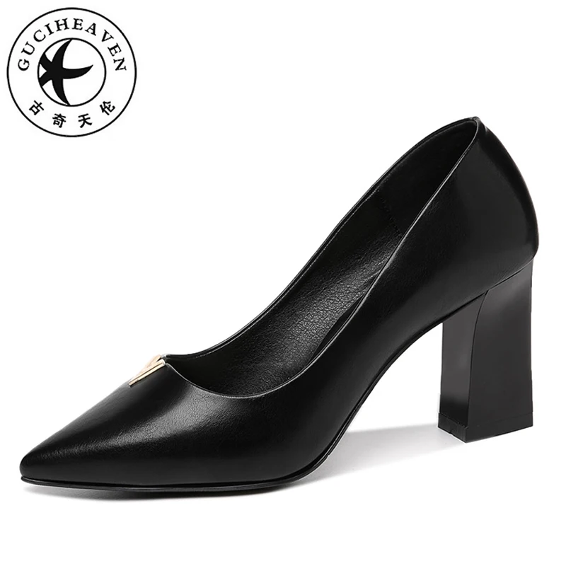 

Guciheaven Lady Slip-On Pumps Office Shallow Women Dress Shoes Square Thick High Heels 8cm Metal Pointed Toe Black Beige Color