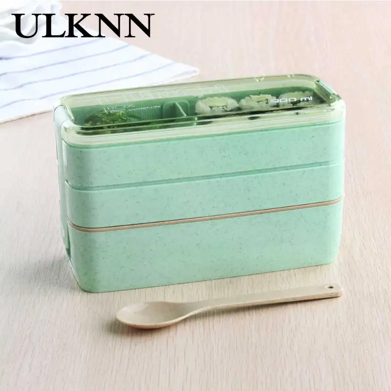 

ULKNN PP Three Tier Bento Box Simplicity solid color Rectangle children Student Lunch box Mobile Cuisine Microwave oven heating