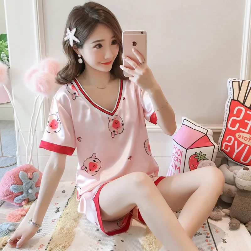 

Pyjamas women lingerie satin pajamas v-neck short-sleeved shirt shorts 2pcs summer 2019Sweet pink pig home clothing pijama mujer