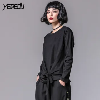 

#1416 Spring Black Long Sleeve T shirt Women Round Neck Plus Size Asymmetrical T-shirt Casual Loose Oversize Streetwear Hip Hop