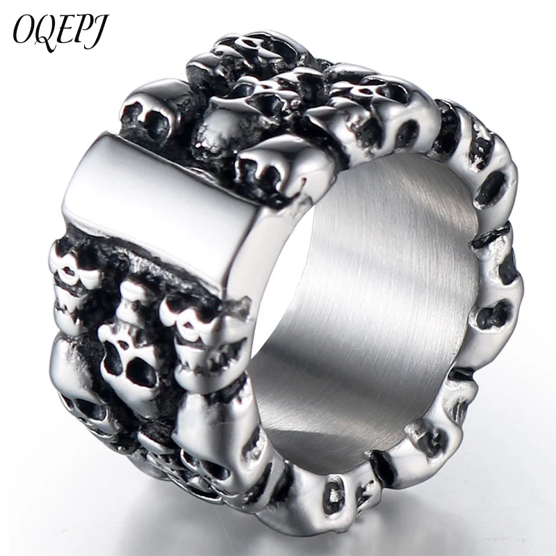 

OQEPJ Punk Three Rows Skeleton Rings Stainless Steel Tungsten Skull Men Ring Silver Color Individuality Black Jewelry Hot Sale