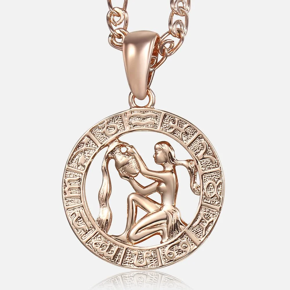 Women Men Aquarius Zodiac Sign Necklace 585 Rose Gold Color Chain