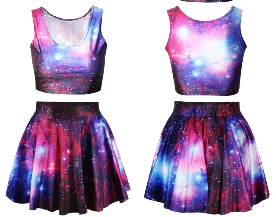 Galaxy Purple Skater Circle Skirt Nebula Pleat Beach plus size Strapless Nebula Stars Crop Top