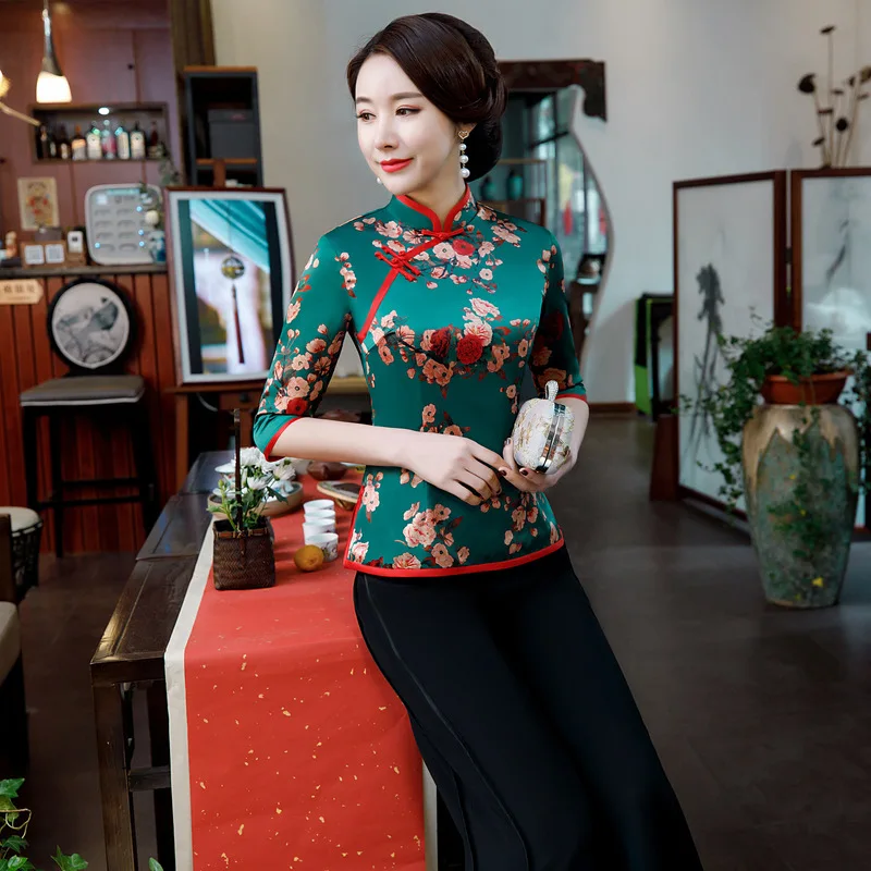 

Free Shipping Green 2019 New Chinese Style Women's Rayon Jacket Three Quarter Coat Coat Print Flowers Plus Size XXXL 4XL