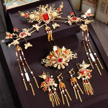 

high-end Chinese bride red ancient costume cheongsam show kimono wedding hair accessories wholesale
