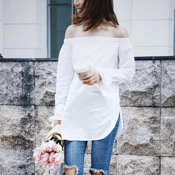 off the shoulder blouse shirt 100% cotton blusas women white blue color slash neck blouse tops large size oversize high quality