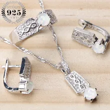 Свадебные опаловые Ювелирные наборы, клипсы, серьги, 925 пробы, серебро, женские свадебные ювелирные изделия, белый циркон, кольцо, кулон, ожерелье, набор