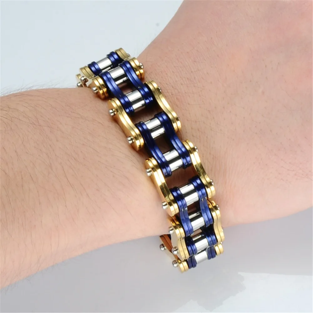Men's 19mm Wide Heavy Solid Gold Blue Bike Chain Bracelet for Men Stainless Steel Motorcycle Bicycle Bangle Male Jewelry Fashion Jewelry