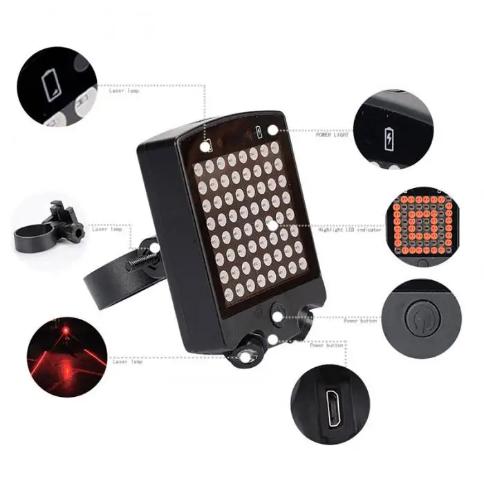 Newly 64 LED Laser Bicycle Rear Tail Light Bike Turn Signals Safety Warning USB Recharge Lights With Wireless Remote BN99
