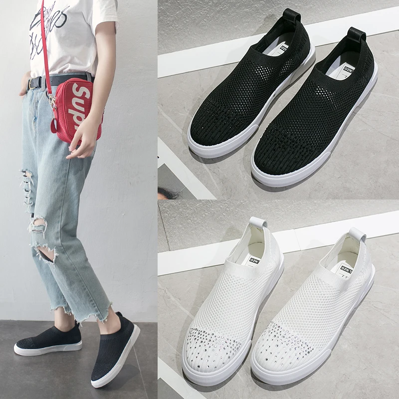 

2019 Spring/Summer New Women Casual Slip-on Sneakers Flat with Comfortable Crystel Sneakers Student Sports Shoes Black/White/