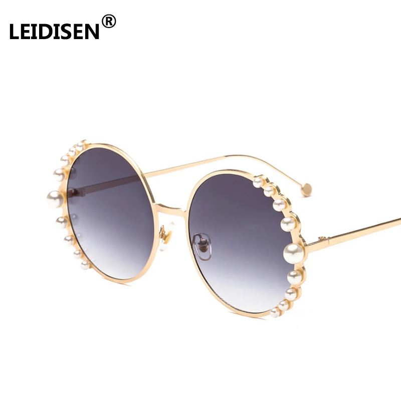 

LEIDISEN Brand Sunglasses Women Luxury Pearl Sunglasses Vintage Round Sun glasses Shades for Women Gold Metal oculos UV400