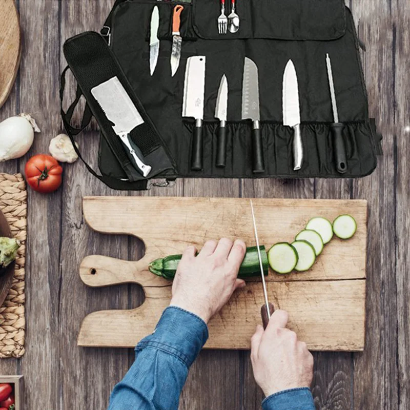

Chef Cutlery Bag With 11 Slots Roll Bag Multi-function with Handle Shoulder Strap Mesh Holder Hogard