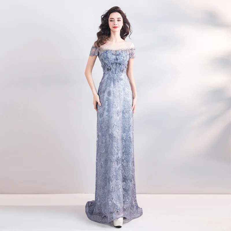 

2019 New Young Mom Long Round Neck Short-sleeved Flower Embroidery Lace Elegant Dignified Banquet Dress