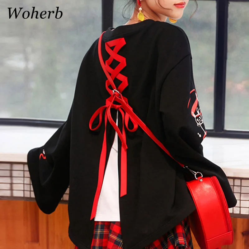 Woherb 2020 японская футболка с длинным рукавом для женщин Kawaii С мультяшным принтом