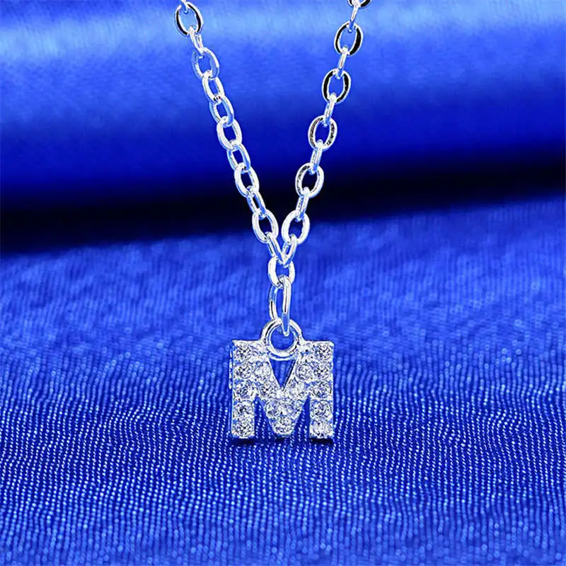 26 букв ожерелье для женщин Кристалл первоначальное ожерелье корейский Серебряный чокер Изысканная цепочка тонкое ожерелье s Bling модное ювелирное изделие - Окраска металла: M