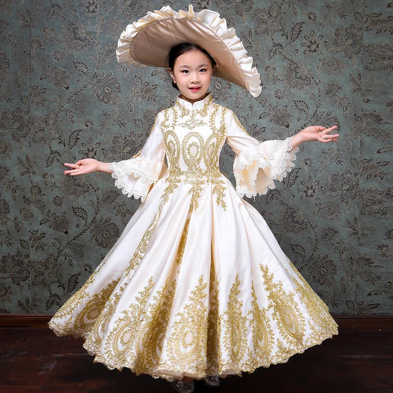 Индивидуальные белые детские вечерние платья средневековый Золотой аппликации день рождения Бал Халаты Костюмы
