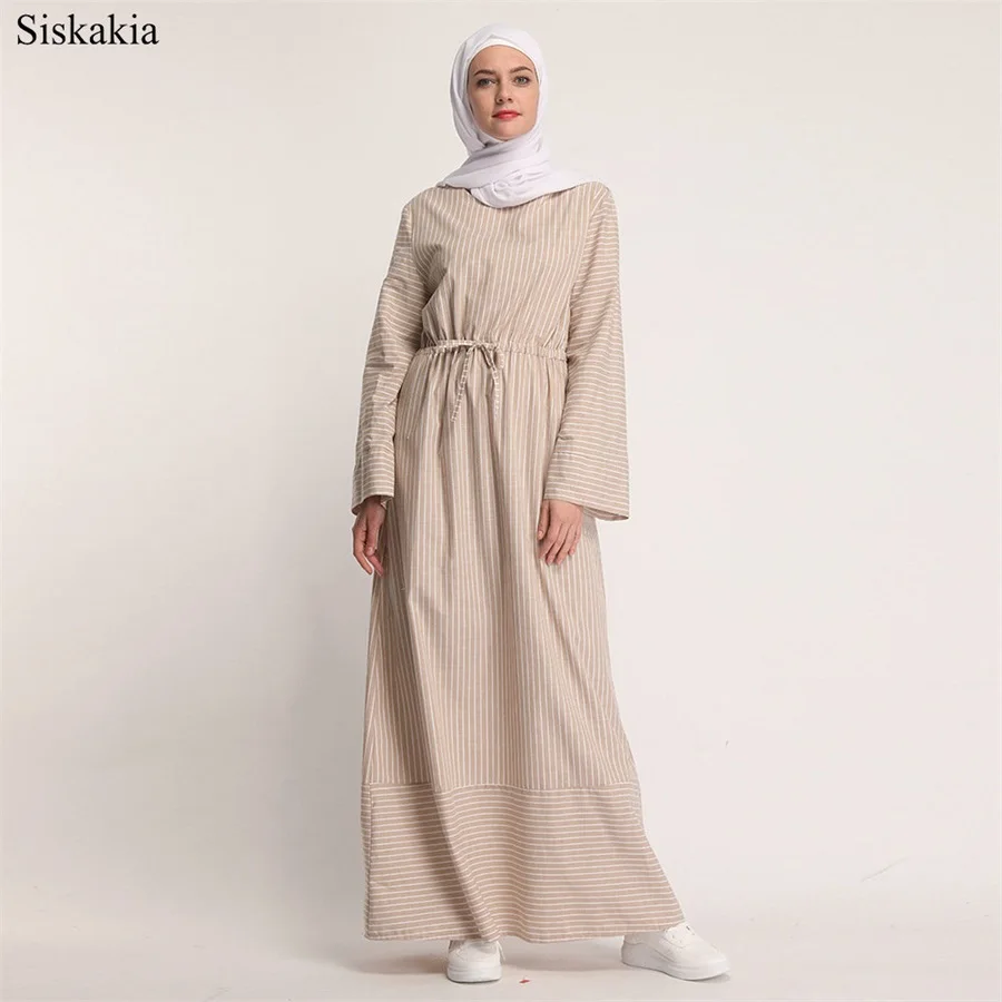 Siskakia Muslim Ladies Solid Stripe Patchwork Long Dress Ramadan O-Neck Long Sleeve Belt Women Dresses Brief Elegant 2019 New (5)