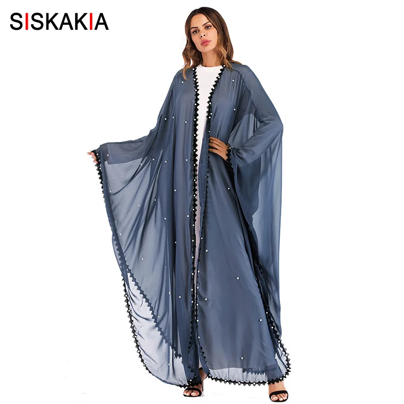 

Siskakia Oversized Muslim Women Abaya Grey Blue Fashion Lace Patchwork Beading Dressing Gowns Cardigan Jubah Spring 2019 Female