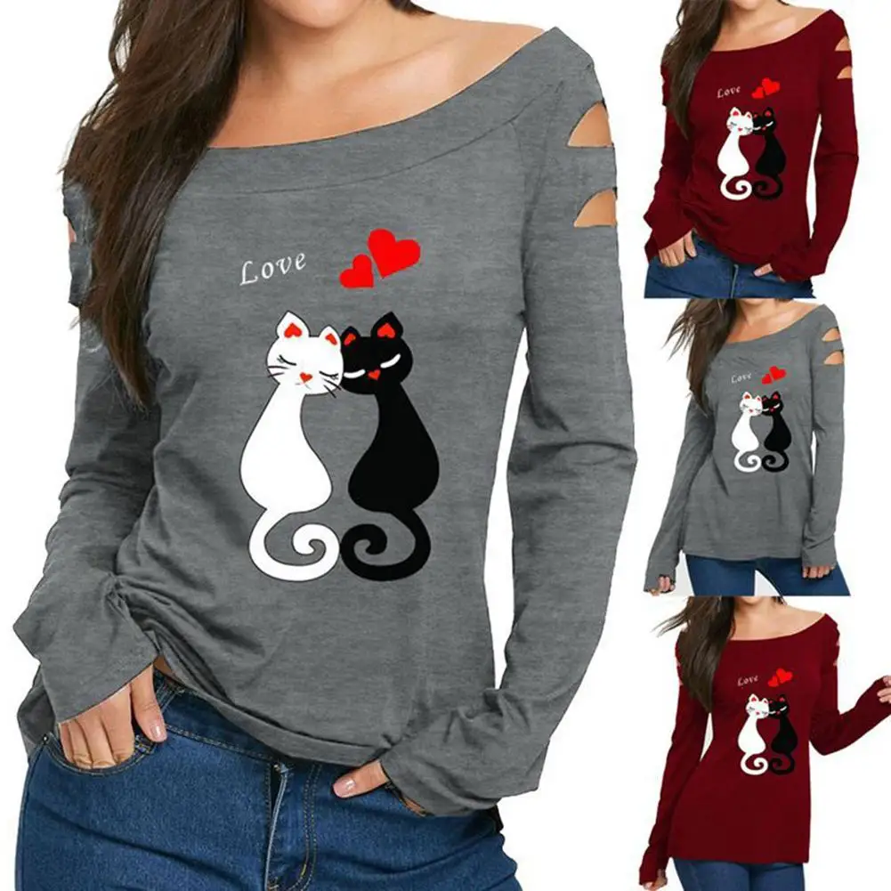 

Cute Cartoon Cat Print Off Shoulder Cutout Long Sleeve T-Shirt Women Casual Top 2018