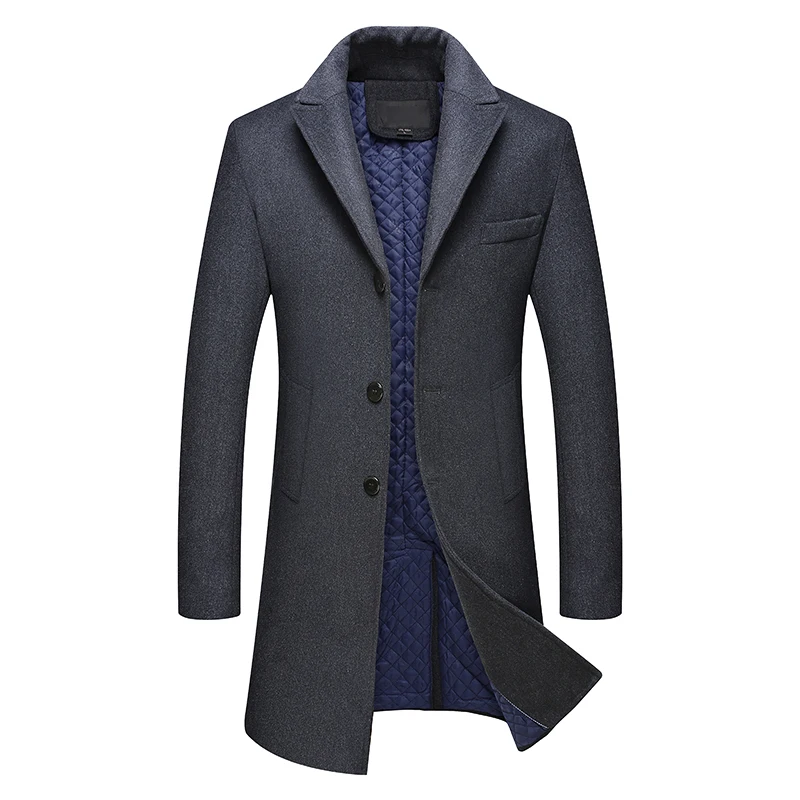 Зимний мужской шерстяной Тренч однобортный мужской пальто Толстая шерстяная куртка средней длины теплая верхняя одежда без шарфа