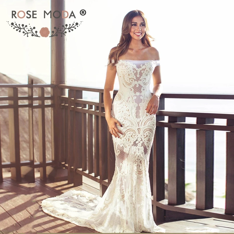 

Rose Moda Luxury Lace Wedding Dress 2019 with Beadings Off Shoulder Mermaid Bridal Dresses with Train