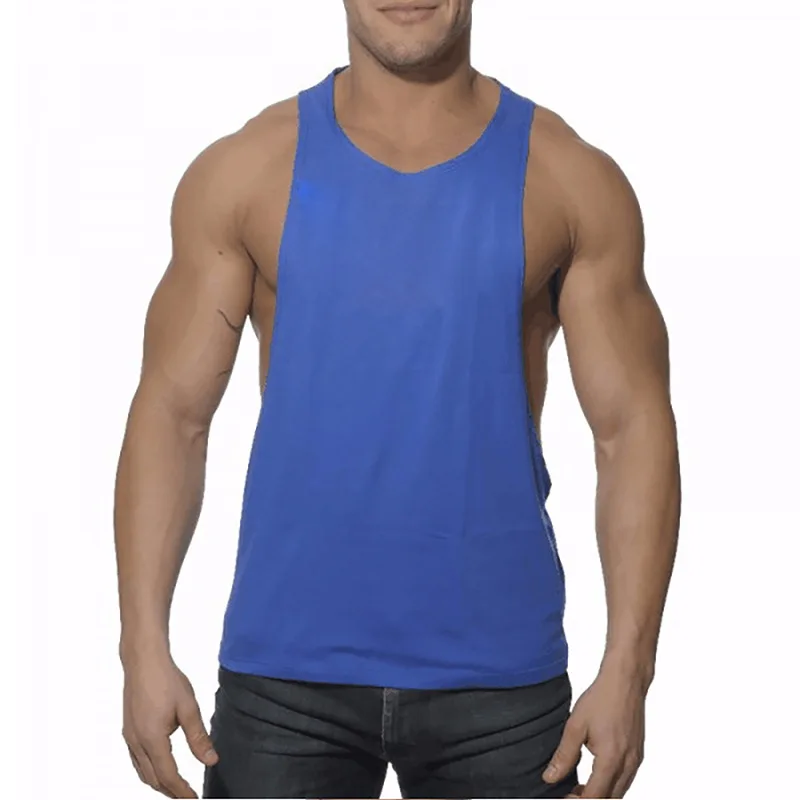 Бренд большой разрез хлопок Рубашка без рукавов на бретелях Мужчины Фитнес рубашка мужская Синглетный Повседневная Бодибилдинг Большие размеры жилет - Цвет: blue